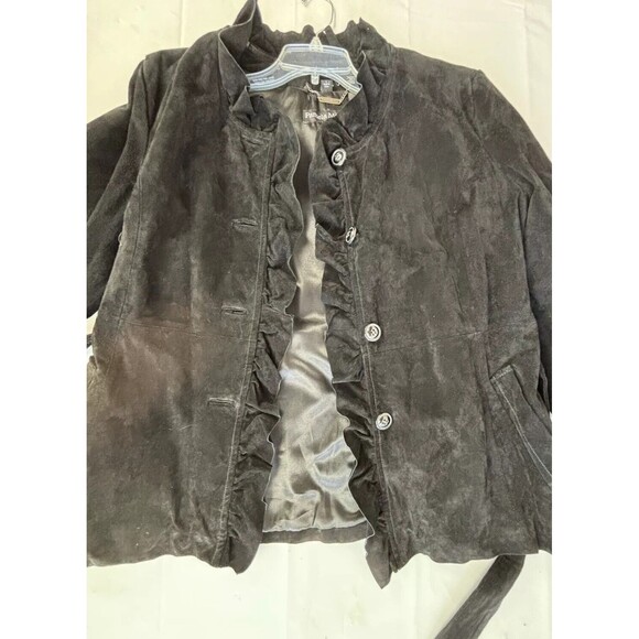 Pamela McCoy Couture Suede Leather Jacket Coat Size L Ruffle Belted Boho Witchy - Picture 6 of 16
